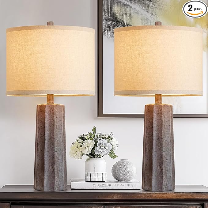 RORIANO 24'' Farmhouse Resin Table Lamps Set of 2 for Bedroom Living Room Vintage Traditional Desk Lamps Rustic Nightstand Bedside Lamps for Office Entryway, 2 Bulbs Included (‎Earth Brown)
