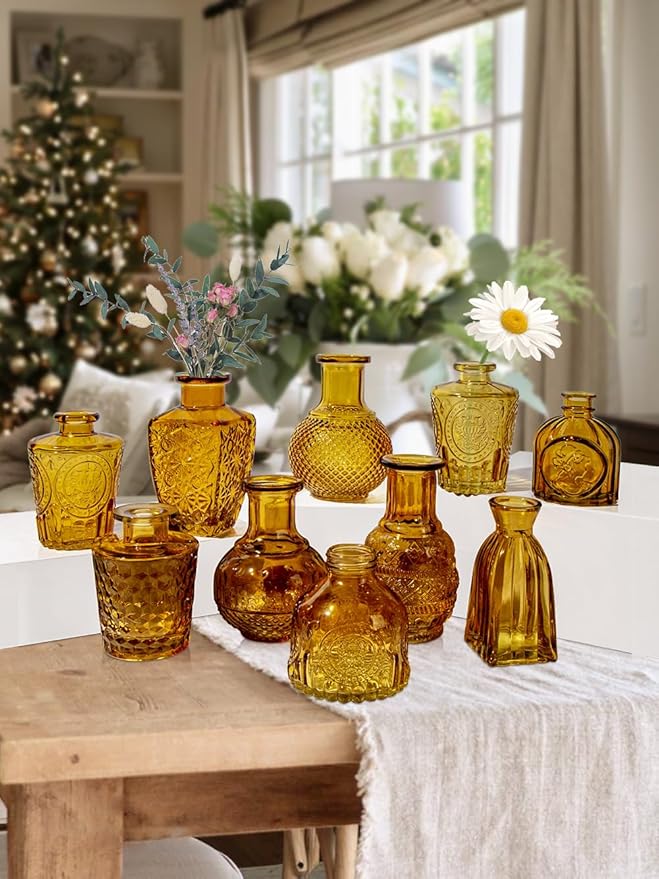 Glass Bud Vases Set of 10, Small Flower Vase in Bulk for Centerpieces, Mini Vintage Amber Vases for Rustic Wedding Vintage Home Table Decor