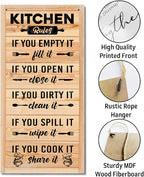 Hanging Kitchen Rules Wooden Sign, Rustic Kitchen Decor, Printed Wall Art, Funny Farmhouse Wall Decor