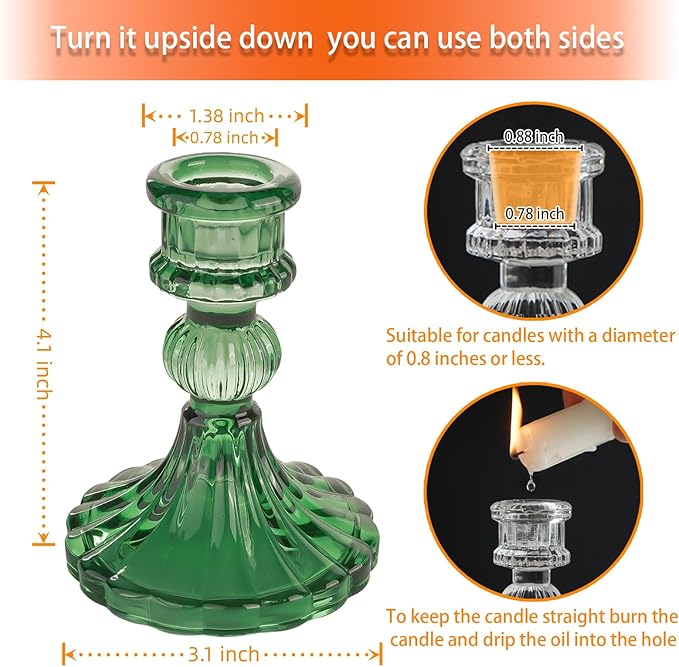 Glass Candlestick Holder,Striped Taper Candle Holders,Set of 6 Candle Stand for Table Centerpieces, Home Decor,Weddings,Festival and Parties (Green Stripe Pattern)