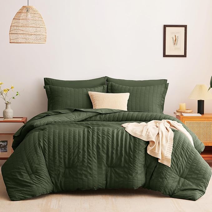 CozyLux Full Size Comforter Sets with Sheets Seersucker 7 Pieces Olive Green Bed in a Bag Textured Luxury Soft Bedding Set with Down Alternative Comforter, Sheets, Pillowcases & Shams for All Seasons