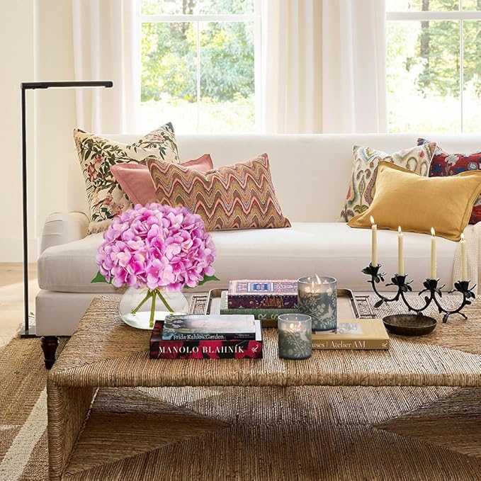 Hollyone Hydrangea Artificial Flowers with Glass Vase Purplish Pink Silk Faux Flowers Arrangements in Vase with Faux Water Fake Floral Bulk Bouquet for Home Decor Table Centerpiece Decorations