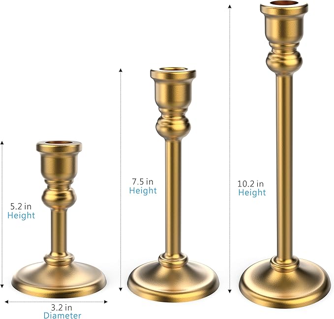 3-Piece Metal Candle Holders Set - Heavy Duty Alloy Taper Candlesticks for Table Centerpiece, Christmas, Dinner Party, Vintage Home Decor - 5-7.5 -10.3Inch Tall, Antique Gold Finish (Gold)