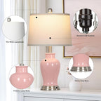 23" Pink Ceramic Table Lamps for Living Room, Modern Ceramic Lamps with Ginger Jar Design, Cute Bedside Lamp Set of 2, Elegant Bedroom Lamp for Nightstand Dining Room Side End Table Homedecor