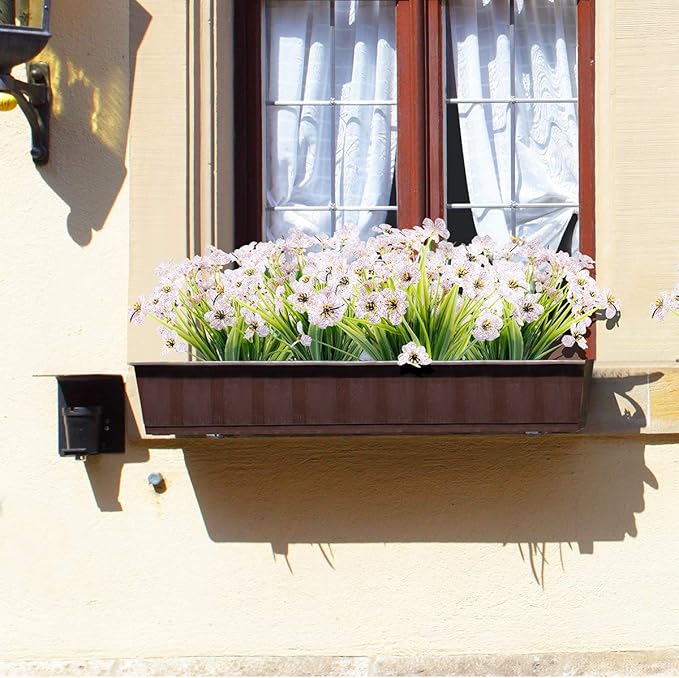 12 Bundles Artificial Flowers Outdoor UV Resistant Fake Flowers No Fade Plastic Plants Garden Porch Window Box Decorating (White)