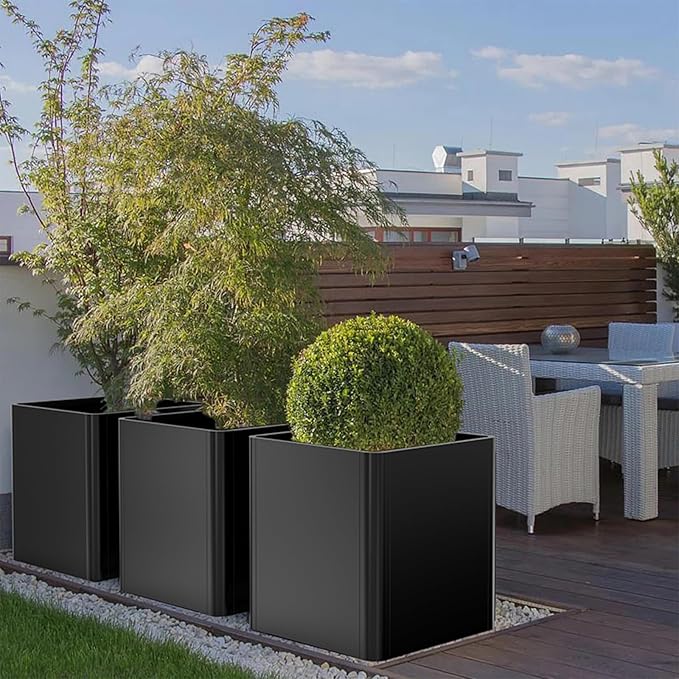 Metal Square Planter Box, Galvanized Steel Planters for Outdoor Plants, 24"x 24"x 25" Black Large Outdoor Planters with Drainage Hole for Porch/Patio/Garden