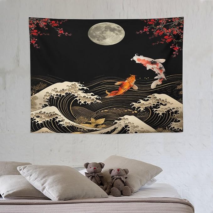 Houselerax Koi Fish Tapestry, Japanese Style Yin Yang Big Wave Cherry Blossom Tapestries Wall Hanging for Bedroom Living Room Office Decor 40"x30"