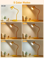 BOHON LED Desk Lamp with USB C+A Charging Ports Wireless Charger, 5 Colors Stepless Dimming Touch Reading Light, Flexible Gooseneck Lamp for Home Office Bedside Table College Dorm Room, Bright Yellow