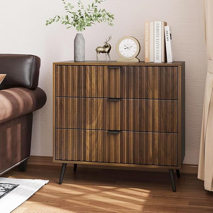 Fluted 3 Drawers Dresser, 31.5“ W Mid- Century Modern Wooden Chest of Drawers, Large Night Stand Organizer for Bedroom, Closet, Hallway, Entryway, Walnut