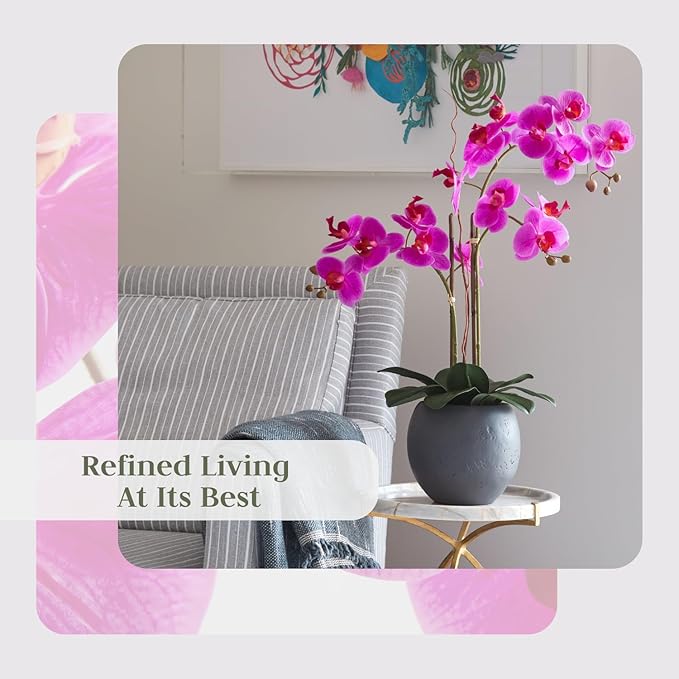 CG Hunter Faux Pink Orchid Plant, Premium Artificial Indoor Flower Display Stands 25-Inches with Beautiful Sculptural Blooms and Foliage That Lasts Forever, Grey Planter Pot Included
