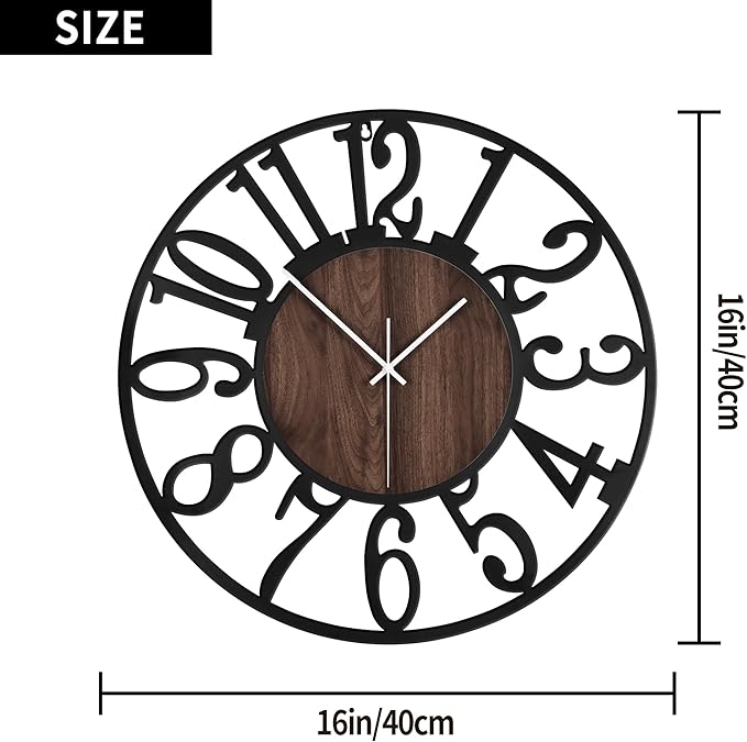 1st owned Wall Clock for Living Room -16" Silent Non Ticking,Battery Operated,Black Metal, Antique Wood Clocks for Farmhouse,Dining Room,Bedroom,Kitchen Clock Wall Decor- Arabic Numerals
