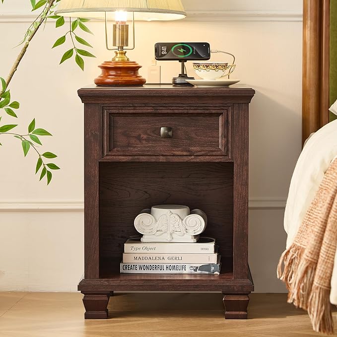 Farmhouse Side Table Set of 2 with Charging Station, Rustic Wood End Table with Drawer, Small Nightstands with Open Shelf for Bedroom, End Tables for Living Room, Walnut