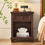 Farmhouse Side Table with Charging Station, Rustic Wood End Table with Drawer, Small Nightstand with Open Shelf for Bedroom, End Tables for Living Room, Walnut