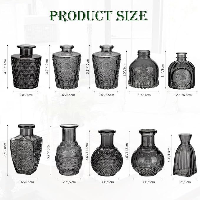 Glass Bud Vases Set of 10, Small Flower Vase in Bulk for Centerpieces, Mini Vintage Grey Vases for Rustic Wedding Vintage Home Table Decor