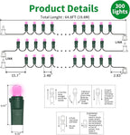 Pink Wide Angle LED String Lights, 64.8 Ft 300 Count, Pack of 3 Strands 21.9 Ft 100 Lights UL Certified Commercial Grade Green Wire 5mm Holiday String Light