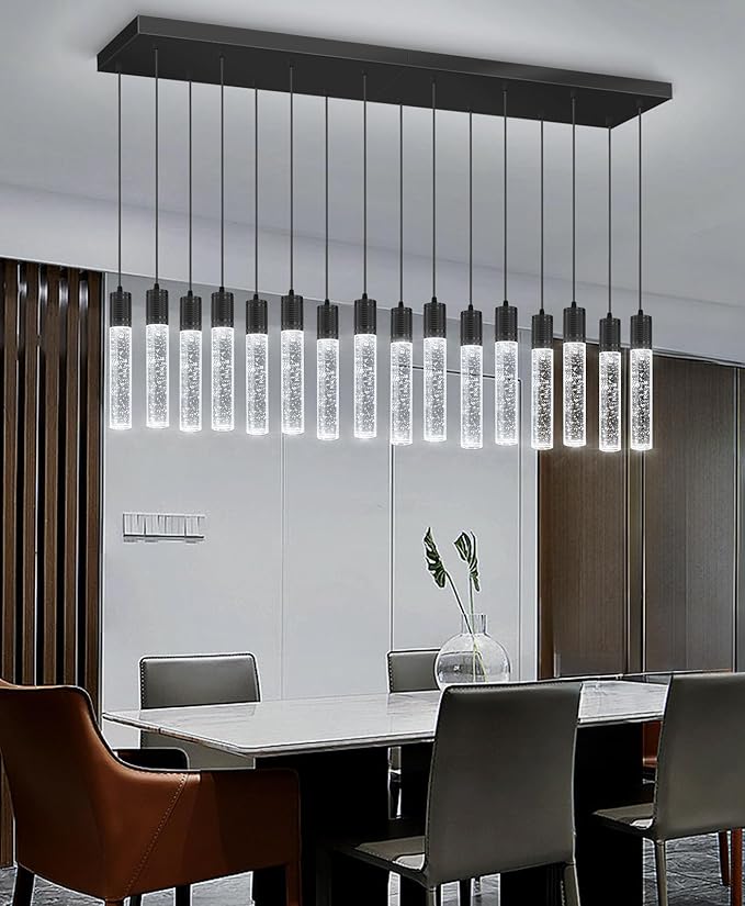 16-Lights Modern Crystal Rectangular Chandeliers LED Pendant Light for Kitchen Island High Ceiling Chandelier for Dining Room Entrance Foyer Living Room Black