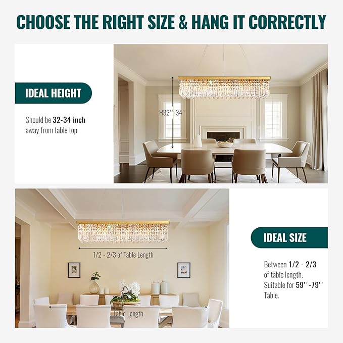 Siljoy Rectangular Gold Crystal Chandelier 8 Lights Modern Rectangle Raindrop Pendant Ceiling Light Fixture for Living Dining Room Kitchen Island Bar L40'' x W10'' x H10''