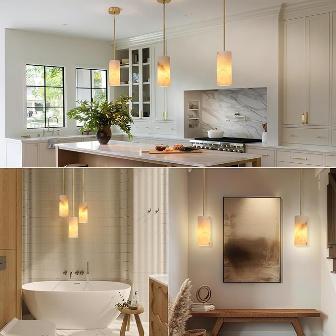 Alabaster Pendant Lights Kitchen Island, Brass Marble Pendant Lighting, Gold Modern Pendant Lights Fixtures for Bedroom Bathroom Living & Dinning Room(Include E12 Bulb)