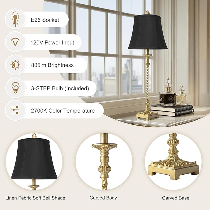 33'' Tall Vintage Table Lamp Set of 2, Candle Stick Buffet Lamps with Gold Leaf Finish and Black Linen Shades, 3-Way Dimmable Bulbs Included, Nightstand Lamps for Living Room Bedroom Dinning Entryway