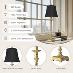 33'' Tall Vintage Table Lamp Set of 2, Candle Stick Buffet Lamps with Gold Leaf Finish and Black Linen Shades, 3-Way Dimmable Bulbs Included, Nightstand Lamps for Living Room Bedroom Dinning Entryway