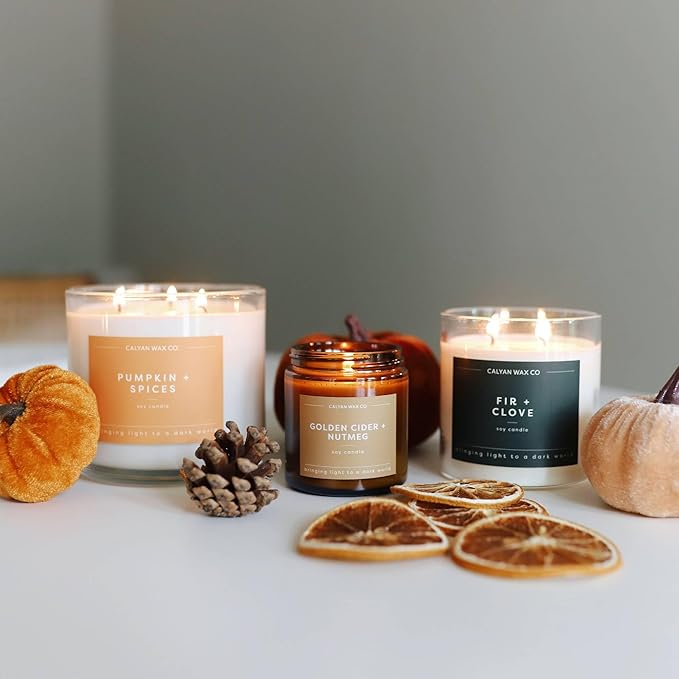 Calyan Wax Co. 3 Wick Candle, Pumpkin + Spice Scented Candle, 43 Hour Burn Time, 3 Wick Soy Candles, Non Toxic & Vegan Soy Wax, Glass Jar Holiday Scented Candles, 14.9oz