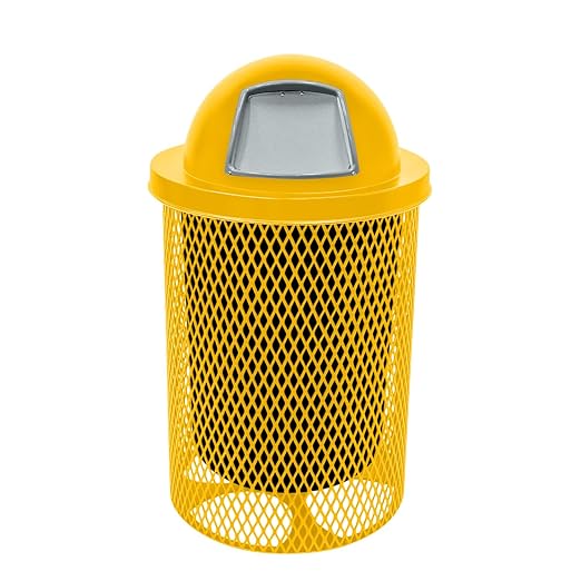 32-Gallon Heavy-Duty Expanded Metal Round Trash Receptacle, Commercial Outdoor Waste Bin with Liner & Dome Lid – Made in America (Textured Yellow)