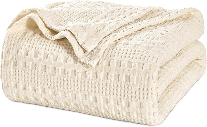 PHF 100% Cotton Waffle Weave Blanket Queen Size, Soft Lightweight Breathable Cozy Summer Blankets for Bed, Luxury Aesthetic Woven Bedding for Home Decor, 90"x90", Undyed