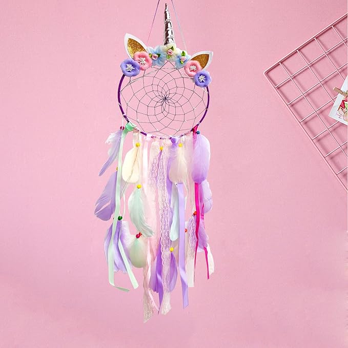 LED Lighted Up Unicorn Dream Catcher Wall Decor Colorful Feather Dreamcather Wall Hanging for Girls Kids Bedroom Decoration (Purple with Light)