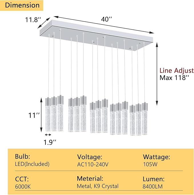 15-Lights Modern Crystal Chandelier LED Pendant Lighting Fixture for Kitchen Island Light Fixtures for Dining Room Hallway Foyer