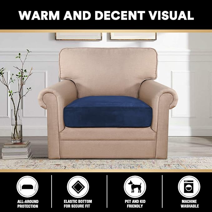 PrinceDeco Stretch Velvet Couch Cushion Cover,Soft Fitted Cushion Slipcover for Arm Chair Sofa Cushion Furniture Protector Seat Cushion Sofa Cover Width Up to 29.5", Navy