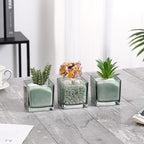 Square Flower Vases Set of 4, 3"x 3"x 3" Glass Vases for Centerpieces, Green Vase for Flowers, Small Vase for Wedding, Party, Home Office Decoration