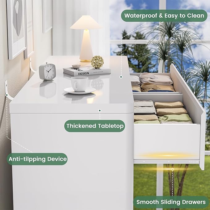 White 8 Drawer Dresser, Modern Fluted Dressers & Chest of Drawers for Bedroom, 48" Wide Dresser TV Stand with Deep Drawer, Curved Profile, Wood Organizer for Bedroom, Living Room, Hallway