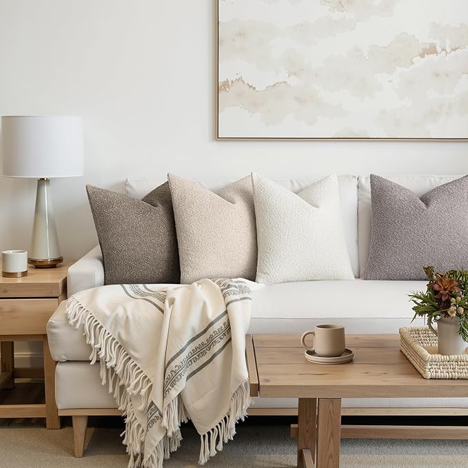 MIULEE Pack of 4 Decorative Textured Boucle Throw Pillow Covers 20x20 Inch Neutral Accent Solid Pillow Cases Soft Couch Cushion Covers for Modern Farmhouse Boho Chair Sofa Bed Livingroom Home Decor