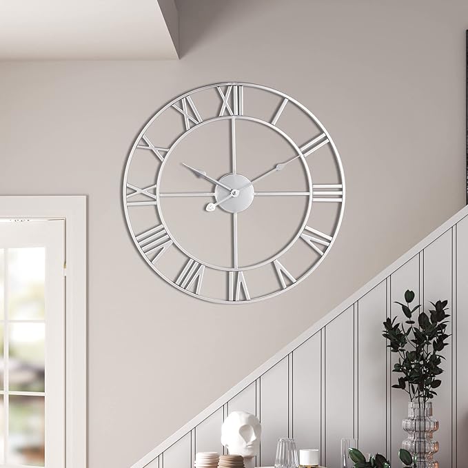 Large Wall Clock, Metal Retro Roman Numeral Clock, Modern Round Wall Clocks Almost Silent, Easy to Read for Living Room/Home/Kitchen/Bedroom/Office/School Decor (Silver, 16 Inch)