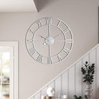 Large Wall Clock, Metal Retro Roman Numeral Clock, Modern Round Wall Clocks Almost Silent, Easy to Read for Living Room/Home/Kitchen/Bedroom/Office/School Decor (Silver, 16 Inch)