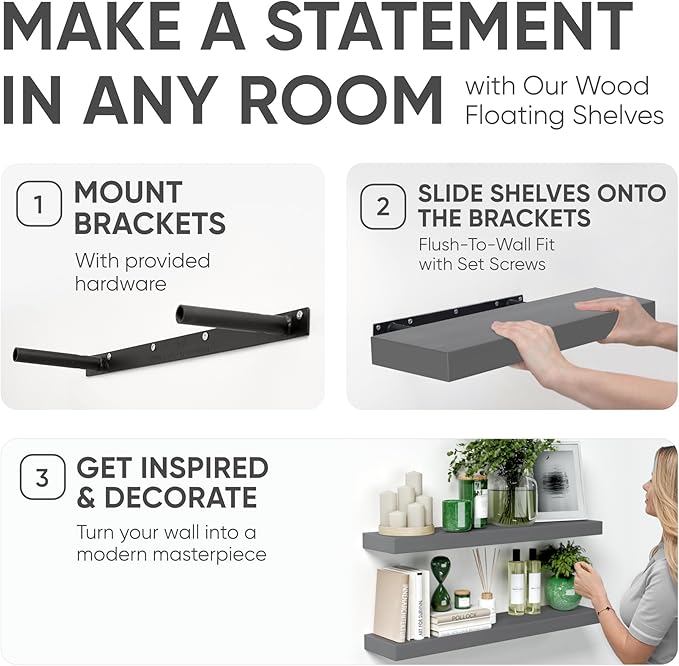 Homeforia Gray Floating Shelves for Wall, Premium Solid Wood Grey Shelf, Grey Bathroom Shelves, Heavy Duty Bracket, 30 x 6.5 x 1.75 inch, Set of 2