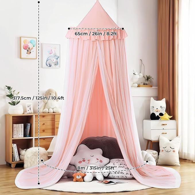 Bed Canopy with Star Lights, Double Layer Bed Canopy for Girls, Princess Canopy Bed Curtain for Twin Bed, Breathable Kids Dreamy Play Tent Room Castle Reading Nook, Machine Washable, 26''x125'' - Pink