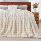 Lotus Karen King Size Faux Fur Blanket Cream White - Big Bubble Rabbit Fluff Throw for Bed Large Fluffy Fuzzy Cozy Thick Furry Plush Shaggy Blankets 108x90 Inches