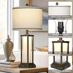 27" Tall Vintage Table Lamp Set of 2 with USB C+A & Outlet,Bronze Industrial End Table Lamp for Living Room,Farmhouse Rustic Bedside Lamps with Frosted Glass Night Light for Bedroom Nightstand,Bronze