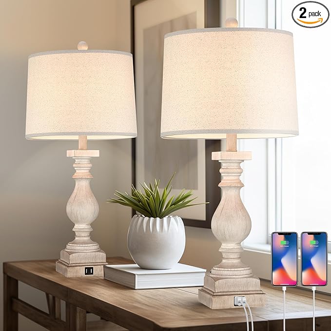 Rustic Dimmable Table Lamps Set of 2 with USB Charging Ports,26.5”Resin Beside Lamps for Living Room,Vintage Farmhouse Nightstand Lamps Traditional French Country Table Lamps for Bedroom