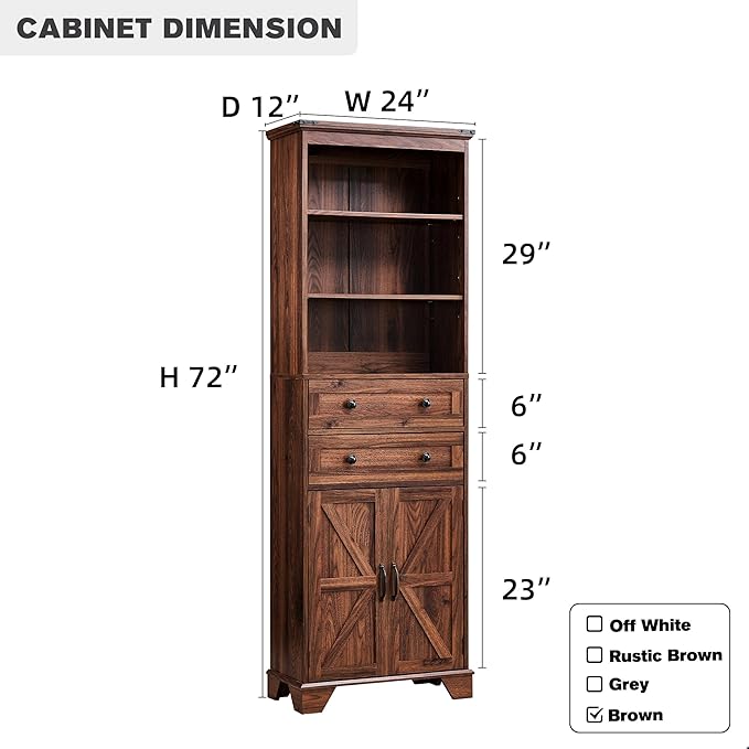 72" Tall Bathroom Storage Cabinet, Farmhouse Storage Cabinet with Adjustable Shelves, Barn Door & 2 Drawers, Cabinet for Bathroom, Living Room & Kitchen, Brown