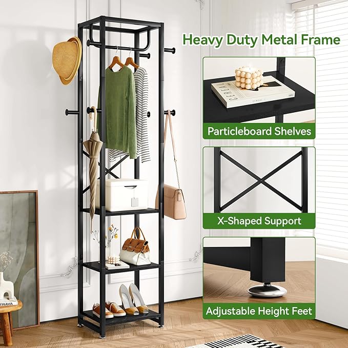 IBUYKE Coat Rack with Shelves, Freestanding Hall Tree with 3 Shelves and 8 Hooks, Industrial Clothes Stand for Entryway, Hallway, Bedroom, Black UTMJ088B