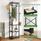 IBUYKE Coat Rack with Shelves, Freestanding Hall Tree with 3 Shelves and 8 Hooks, Industrial Clothes Stand for Entryway, Hallway, Bedroom, Black UTMJ088B