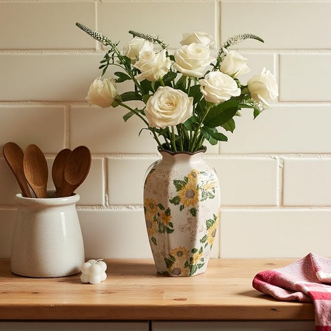 Levvohd Vintage Pastoral Octagonal Vase, 9.3 Inch Ceramic Sunflower Flower Vases, Rustic Farmhouse Antique Chinoiserie Floral Vase for Wall Art Bedroom and Shelf Home Decor (Octagonal)