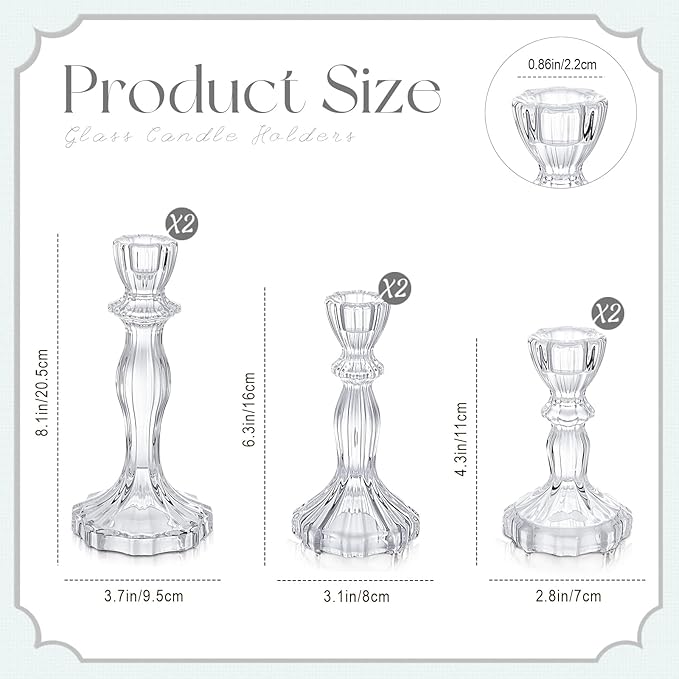Mumufy 6 Pack Glass Taper Candle Holders Clear Candlestick Holder Fit 0.8 Inch Candles 4'' 6'' 8'' Tall Crystal Decorative Candlestick Stand Centerpiece for Table Wedding Dining Party (Classic)
