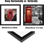 8x8 Picture Frame Set of 6, Display Pictures 5x5 with Mat or 8x8 Without Mat for Wall Mounting or Table Top Display,Black