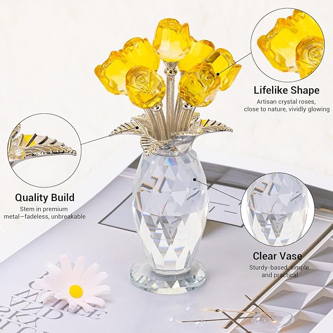 Glass Rose Flowers, Crystal Glass Figurines Rose Decorations for Home Gifts for Mom Wife Grandma, Crystal Flowers Collectible Ornament Mother's Day Thanksgiving Anniversary Birthday Gifts(Yellow Rose)