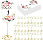 26 PCS Table Number Holder - Table Card Holder Stand Wire Photo Holder with 26 Pcs Floral Table Number Cards, Place Card Holder Stand for Weddings Party Office Paper Memo Menu Note Clips