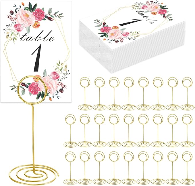 26 PCS Table Number Holder - Table Card Holder Stand Wire Photo Holder with 26 Pcs Floral Table Number Cards, Place Card Holder Stand for Weddings Party Office Paper Memo Menu Note Clips
