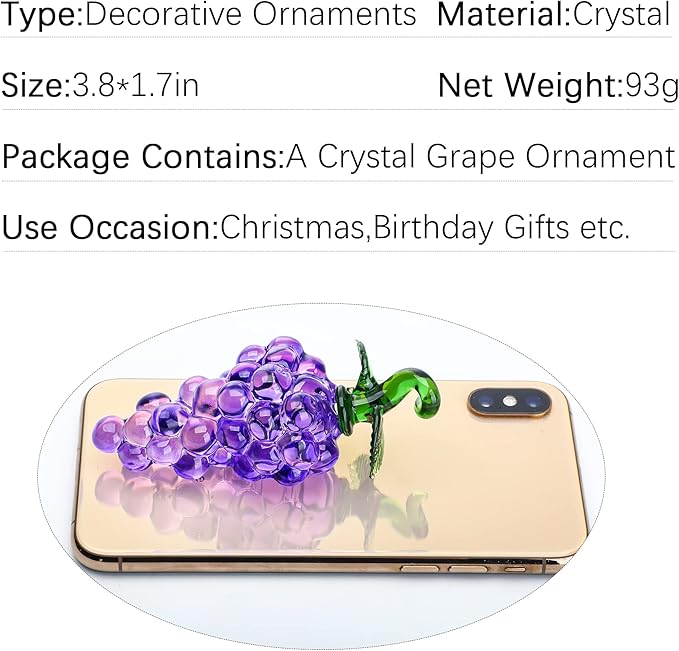 Handmade Glass Purple Grape Figurine Collectibles Crystal Fruit Ornament Decoration Art Glass Grape Miniature for Home Office Birthday for Mum